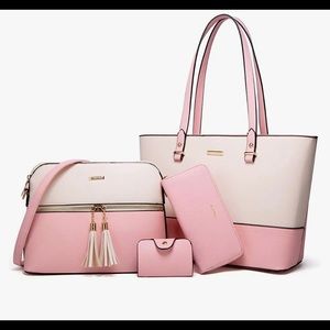 4 piece, pink and white hand bag